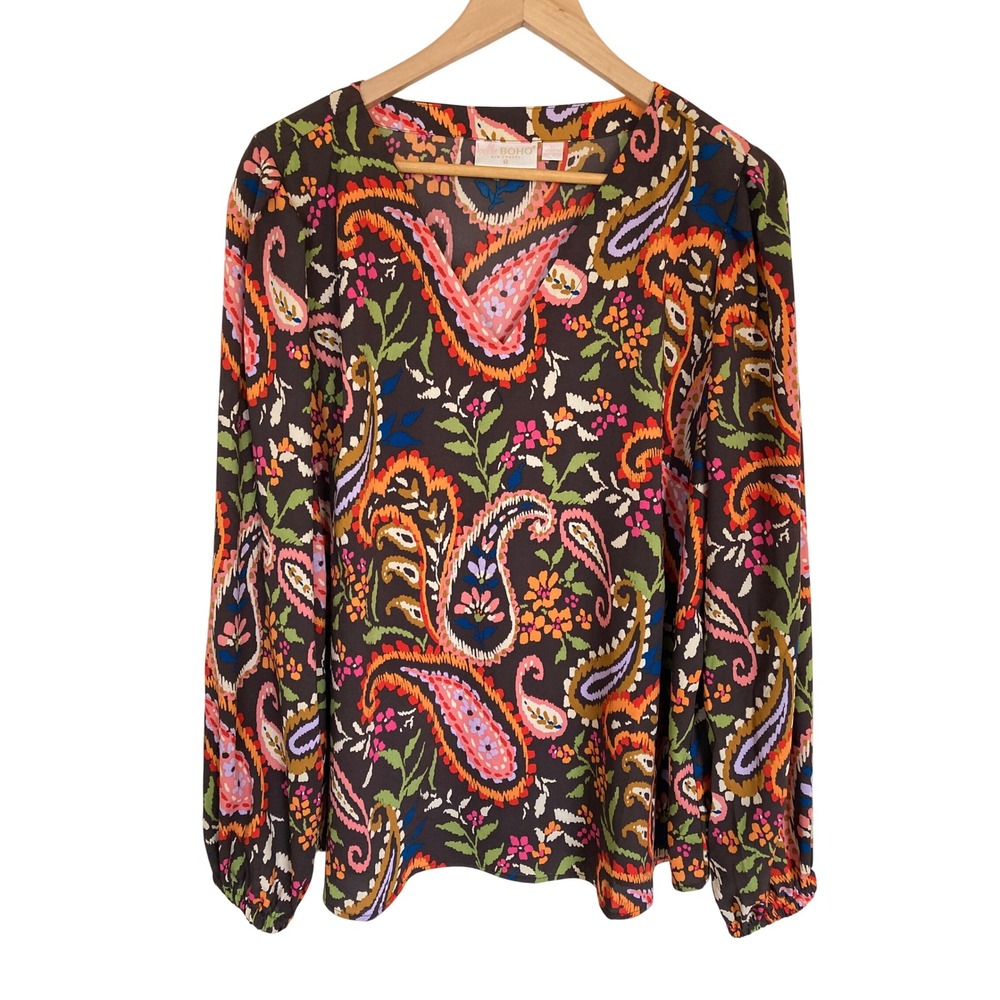 Belle Boho Kim Gravel Paisley Floral Split V-Neck Blouse Brown XL A654087